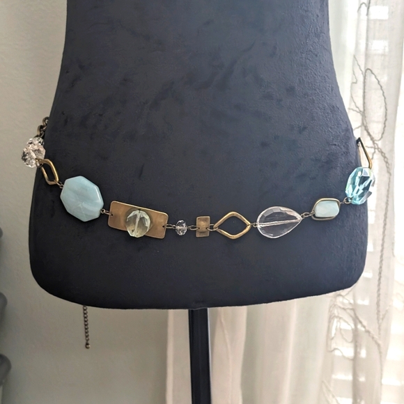 Vintage Chico's Aquamarine/Facetted Acrylic Brass Tone Belt 44" - Picture 1 of 12
